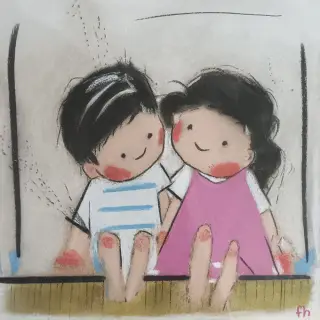 Deux enfants assis côte à côte sur une balançoire, joues roses : un garçon en marinière bleue et une fillette aux cheveux noirs en robe rose, sur un fond crème.