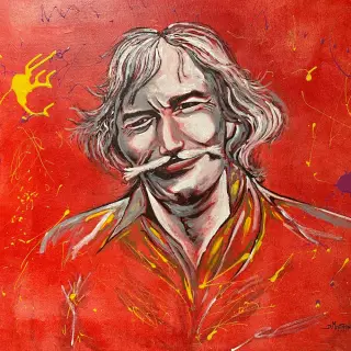 Portrait de Jean Ferrat en noir et blanc, moustache et cheveux grisonnants, une cigarette aux lèvres, sur un fond rouge vif éclaboussé de jaune et de violet.