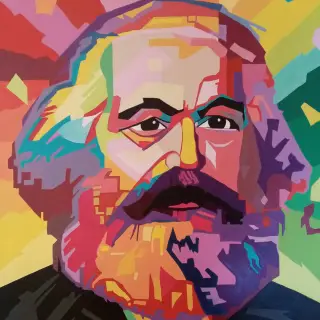 Portrait de Karl Marx à la façon pop art, visage et barbe découpés en facettes de couleurs vives, rose, jaune, violet et vert, sur un fond de rayons multicolores.
