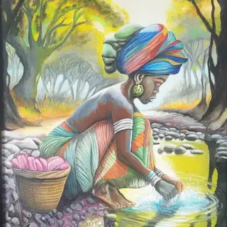 Femme africaine au turban multicolore, accroupie au bord d'un ruisseau pour y laver, un panier de linge rose à côté d'elle, dans un sous-bois baigné de lumière jaune.