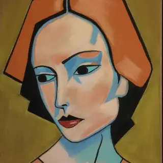 Visage de femme stylisé, cheveux orange coupés au carré, ombres bleues sur la peau et lèvres rouges, cerné de traits noirs, sur un fond kaki.