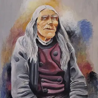 Vieil homme amérindien aux longs cheveux gris et au visage ridé, en manteau gris et gilet bordeaux, sur un fond clair taché de jaune, de bleu et de rouge.